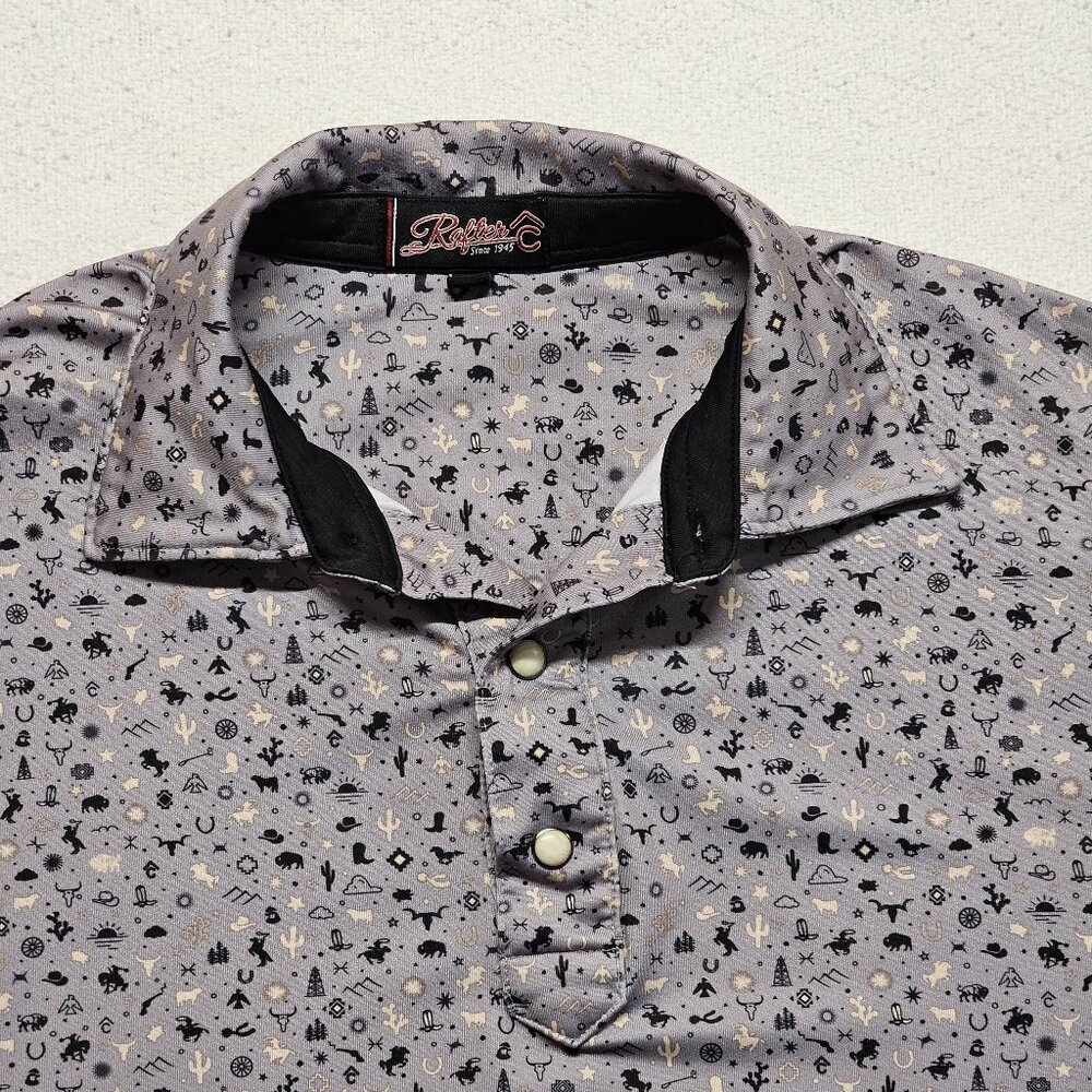Rafter C Pearl Snap Polo Shirt Mens Small Gray Performance Stretch Western AOP